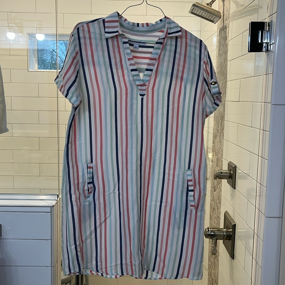 Southern Tide Multicolor Stripe V-Neck Shirt Dress - Pink, Blue, Green